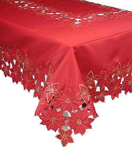 Xia Home Fashions Festive Poinsettia Embroidered Cutwork Christmas Tablecloth, 60 by 84-Inch
