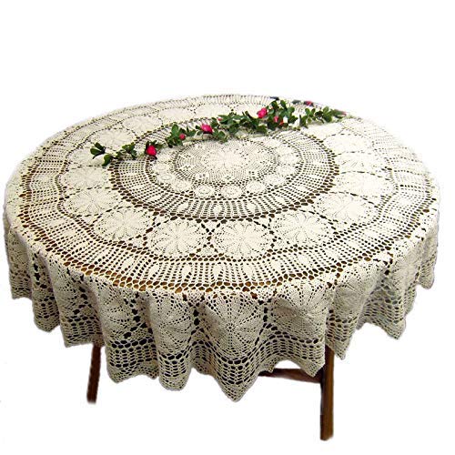 KEPSWET Floral Cotton Handmade Crochet Lace Tablecloth 70 inch Round Beige Table Overlay Decor