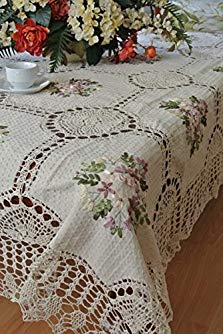 Tasleffa Elegant 100% Cotton Crochet Lace with Ribbon Hand-made Embroidered Linens Tablecloth:68