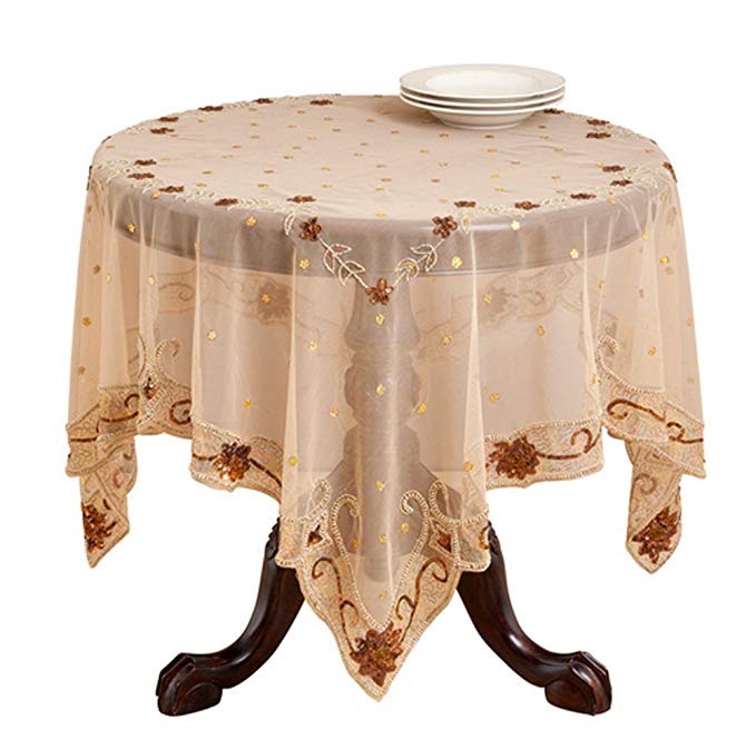 Gorgeous Hand Beaded Gold Jasmine Tablecloth. One Piece. 60 Inch Square.