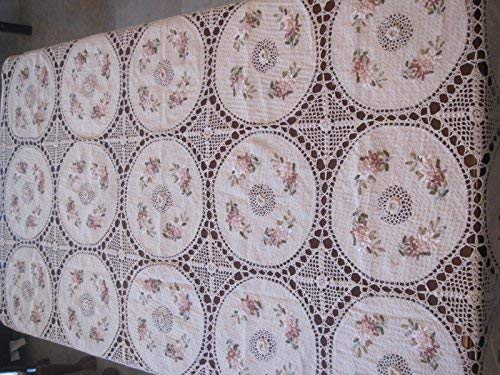 Handmade Tablecloth Silk Ribbon Embroidery Exquisite Crochet Panels Cotton Fabric Linens Vintage Wedding Tablecloths (72 inch x 108 inch Oblong)