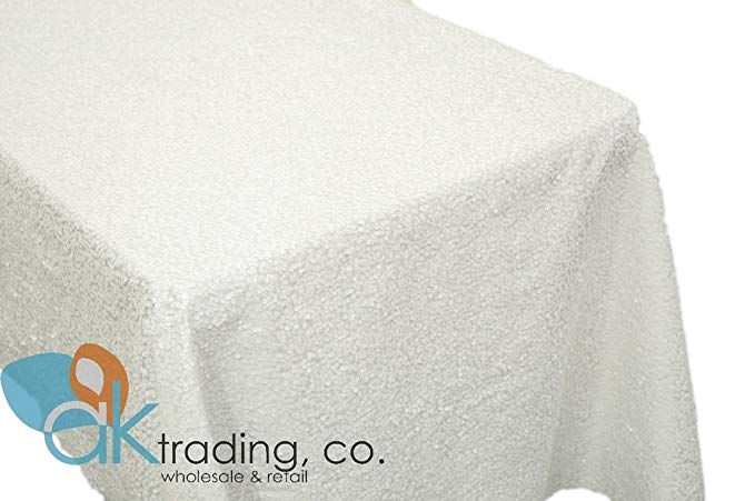 AK-Trading White Sequin Rectangular Tablecloth, Rain Drops Sequin Taffeta Fabric Sequin Table Cover- White