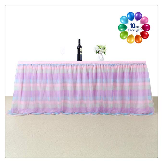 B-COOL Rainbow Pink Tulle Table Skirt 4.5 Yards Romantic&Elegent Table slipcovers Princess Tulle Tutu Table Skirt Queen Snowflake Wonderland Tulle Tablecloth(L14(ft) H 30in)
