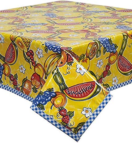 Freckled Sage Sugarcane Yellow with Blue Gingham Trim Oilcloth Tablecloth 60 x 120