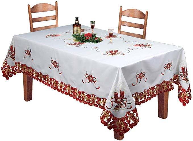 Creative Linens Holiday Christmas Tablecloth 70x120 with 12 Napkins Embroidered Red Poinsettia Candle Bell Table Cloth Rectangular White Red