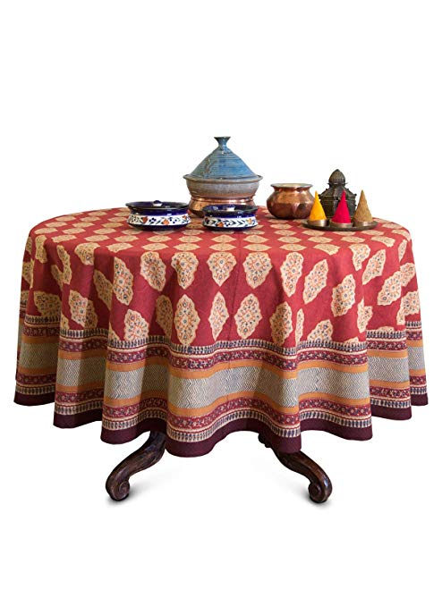 Saffron Marigold Spice Route ~ Red Orange Moroccan Themed Print Round Tablecloth 70 Round