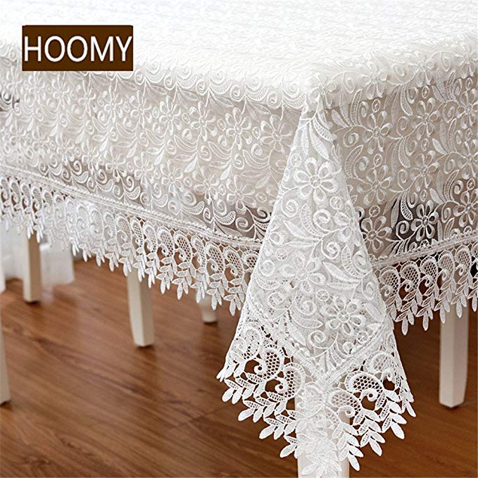 Hoomy European White Tablecloths Embroidered Lace Table Cloth for Dinning Table Modern Floral Table Overlays Rectangule/oblong Tablelcoth 59