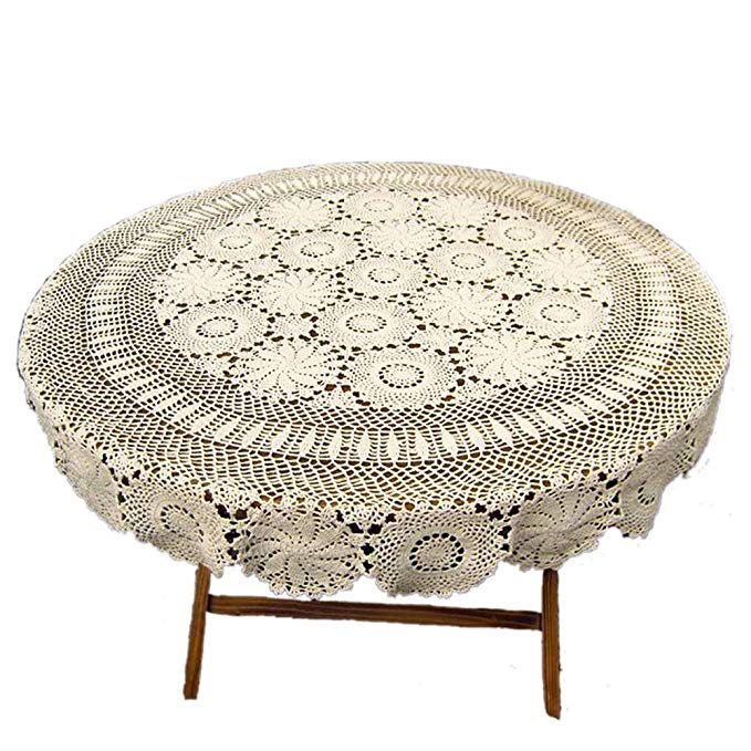 KEPSWET Floral Cotton 70 inch Round Beige Handmade Crochet Lace Tablecloth Handmade Table Overlay