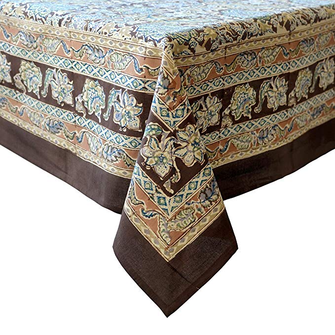 Couleur Nature Malini Tablecloth, 90-inches by 90-inches, Brown/Blue