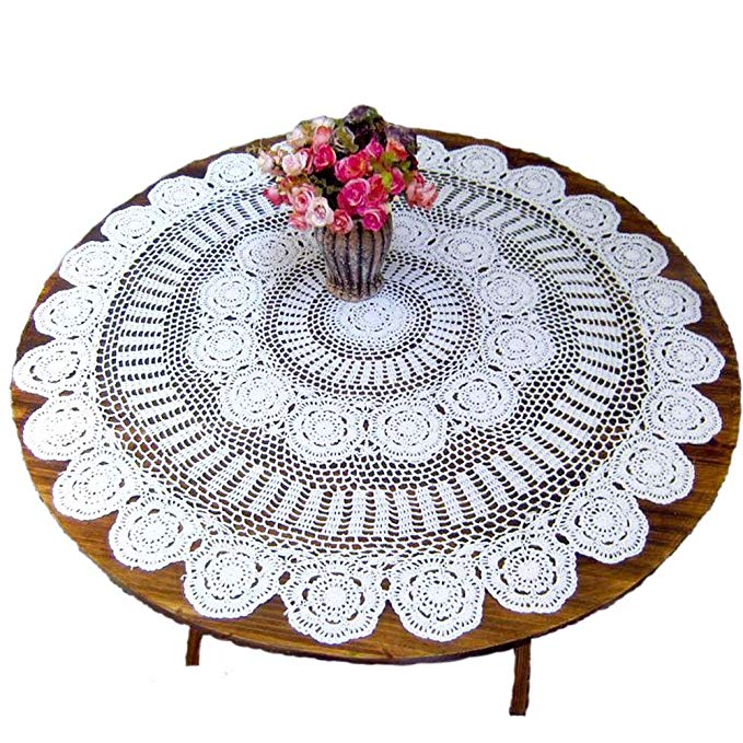 KEPSWET Cotton Handmade Crochet Lace 66 inch Round Tablecloth White Table Overlay Decoration