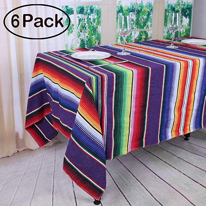 Koyal Pack of 6 57 x 102 inch Mexican Serape Tablecloth for Mexican Party Wedding Decorations Fringe Cotton Table Cloth