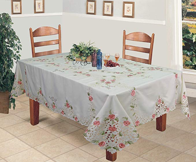 Creative Linens Embroidered Rose Daisy Floral Tablecloth 70x104