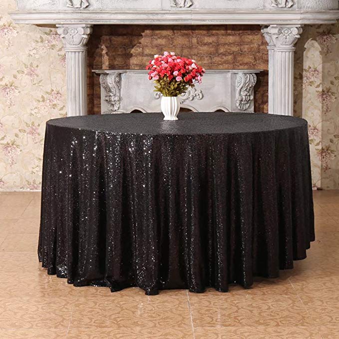 PartyDelight 120 inches Round Black Sequin Tablecloth for Wedding,Party,Dessert,Festival Decor,Banquet