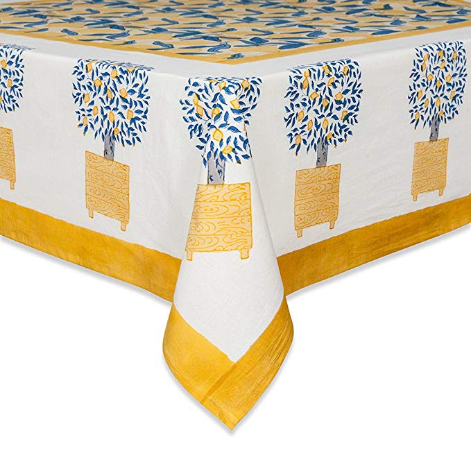 Couleur Nature Lemon Tree Tablecloth, 59-inches by 86-inches, Blue/Yellow