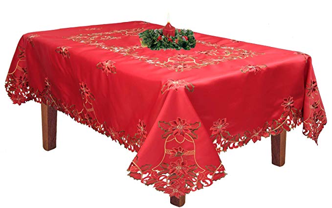 Creative Linens Holiday Christmas Embroidered Poinsettia Bell Tablecloth 70x120 with 12 Napkins RED Rectangular