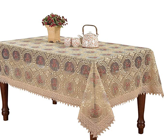 Simhomsen Custom Vintage Beige Tablecloth Linen Embroidered Floral Lace Pattern Translucent Gauze Rectangle 72 × 126 inch Long