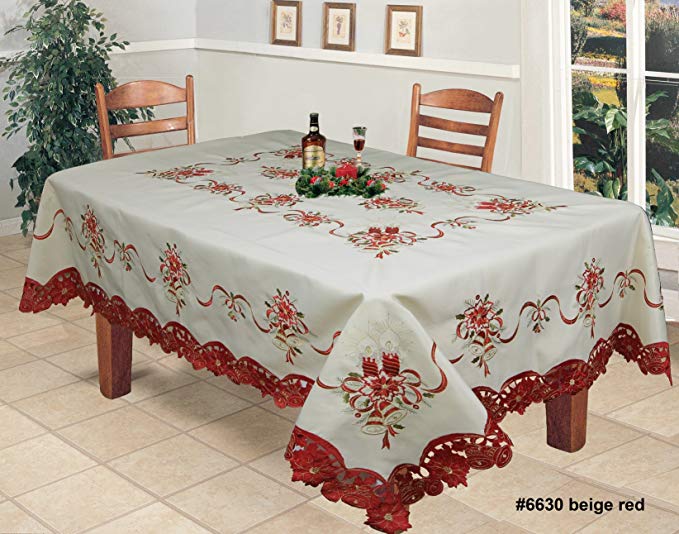 Creative Linens Holiday Christmas Embroidered Poinsettia Candle Bell Tablecloth 70x104 & 12 Napkins Beige & Red