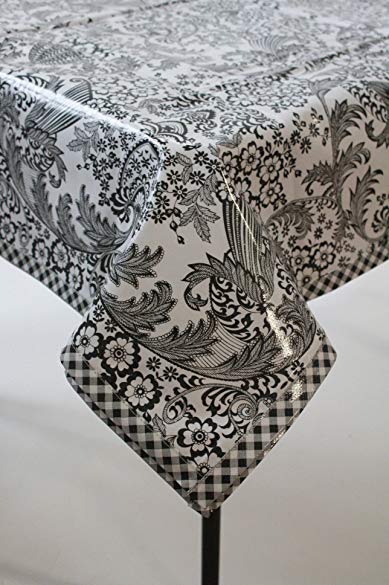 Freckled Sage Black Toile with Black Gingham Trim Oilcloth Tablecloth You Pick the Size