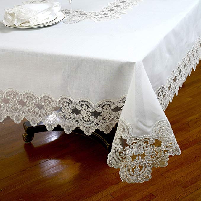 Tablecloth, 100% Polyester, Wrinkle Free Tablecloths. Lace Tablecloths, (Ivory, 70 x220)