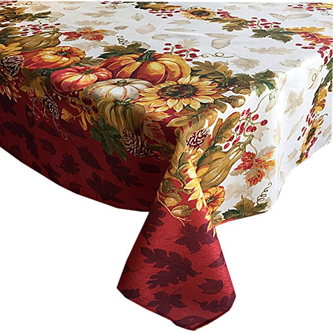 Newbridge Harvest Swaying Leaves Double Border Autumn Thanksgiving Fabric Print Tablecloth, 60 Inch x 120 Inch Oblong/Rectangle