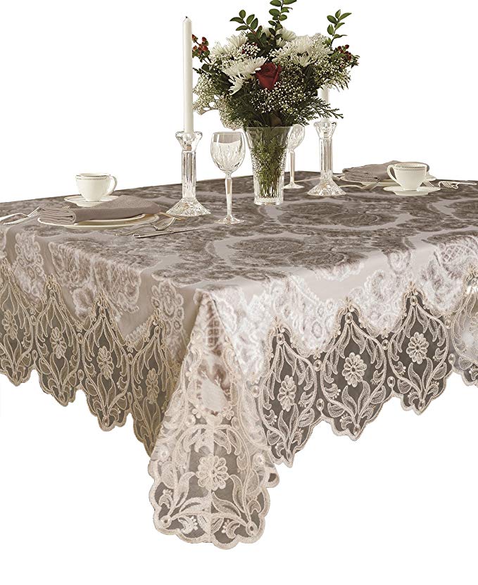 Violet Linen Elegant Velvet Lace Sheer Floral Deluxe Design Tablecloths, 70