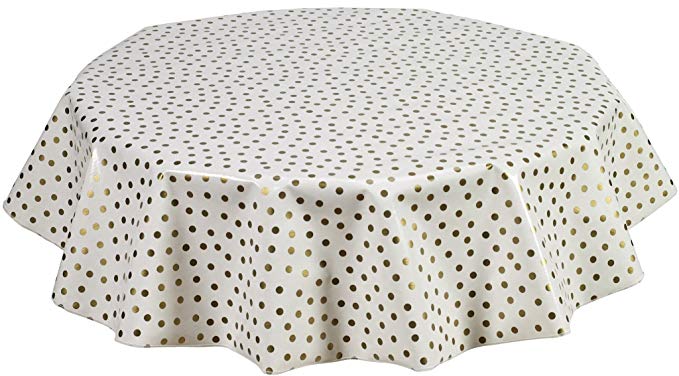 Round Freckled Sage Oilcloth Tablecloth in Dot Gold - You Pick the Size!