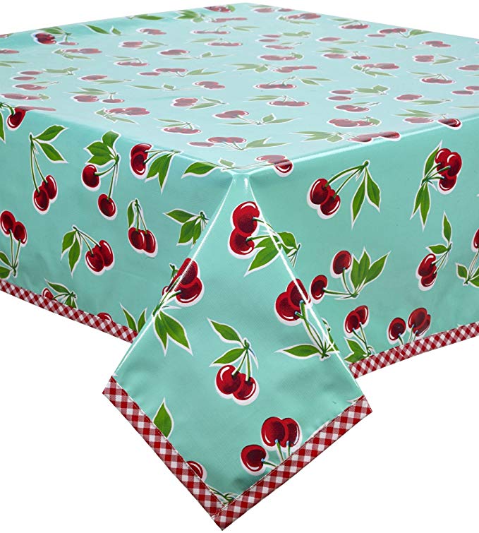 Freckled Sage Cherry Aqua Oilcloth Tablecloth with Red Gingham Trim You Pick the Size