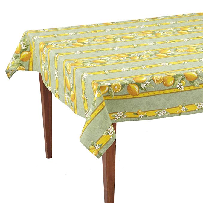 Occitan Imports Citrons Vert Striped Rectangular French Tablecloth, Coated Cotton, 61 x 118 (8-10 People)