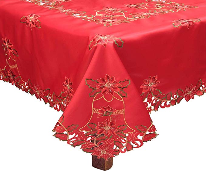 Creative Linens Holiday Christmas Embroidered Poinsettia Bell Tablecloth 88