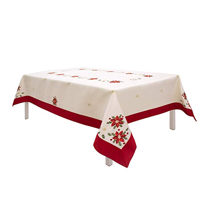 Holiday Poinsettia Embroidered Rectangular 70 x 120 in. Tablecloth with Red Trim Border