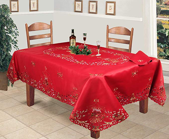 Creative Linens Holiday Christmas Embroidered Poinsettia Candle Tablecloth 70x140 & 12 Napkins RED