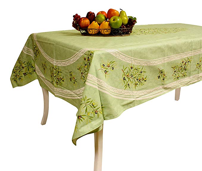 Provence Tablecloth - Coated Cotton - Olive Tree - Made in France (Green, Rectangular 98