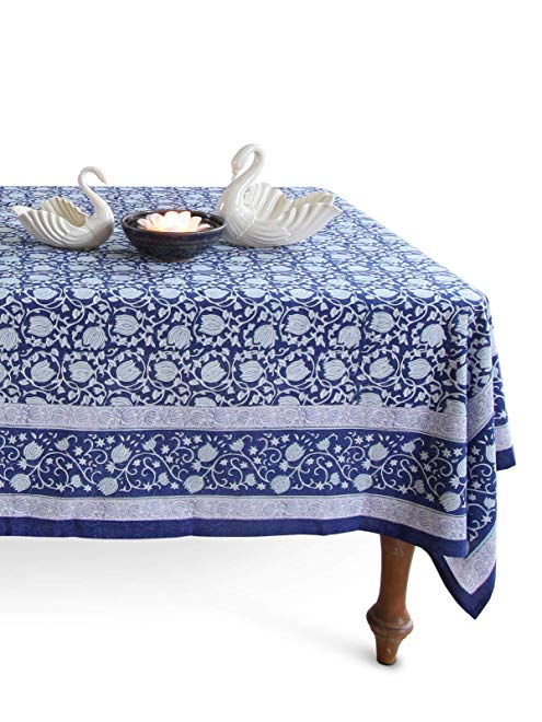 Saffron Marigold Midnight Lotus ~ Asian Oriental Blue Floral Banquet Tablecloths 70x90