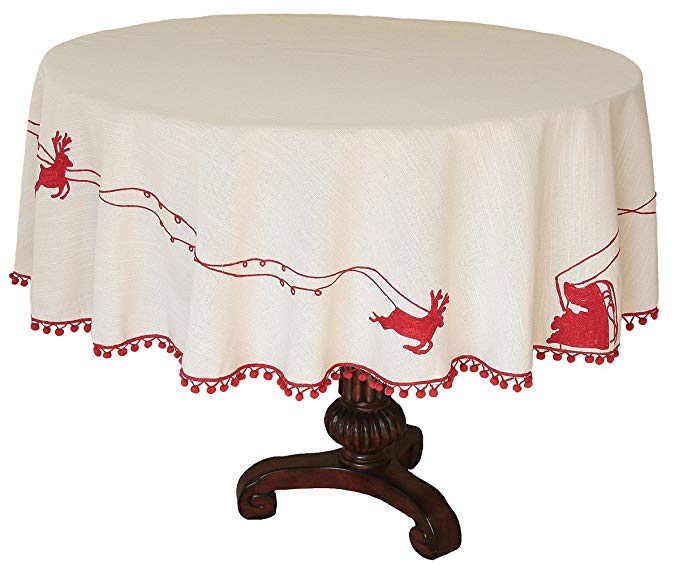 Xia Home Fashions Santa's Sleigh with Bells and Reindeer Crewel Embroidered Christmas Tablecloth, 70-Inch Round