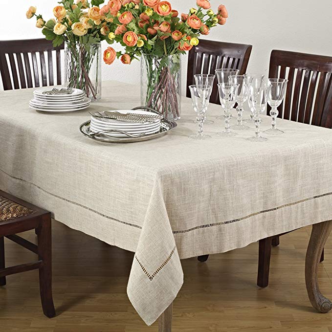 Occasion Gallery Natural Beige, Classic Tuscany Hemtitch Design Rectangular Tablecloth, 65 Inch x 140 Inch