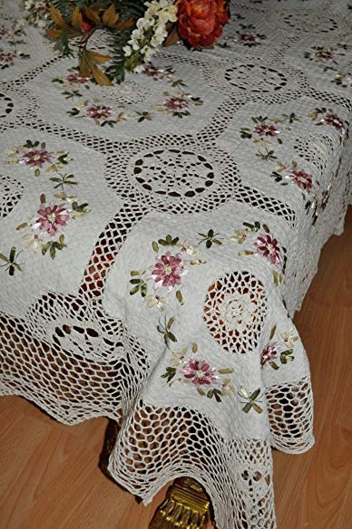 Tasleffa Elegant 100% Cotton Hand-Made Crochet Ribbon Embroidered Linen Tablecloths: Beige (68