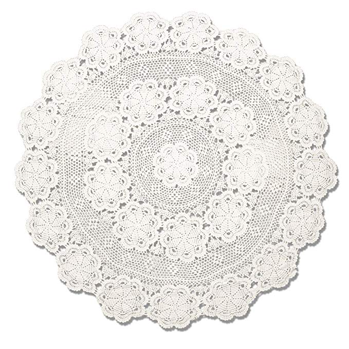 KEPSWET 70 inch Round Beige Crochet Lace Floral Tablecloth Handmade Cotton Coffee Table Party Decor Table Overlay