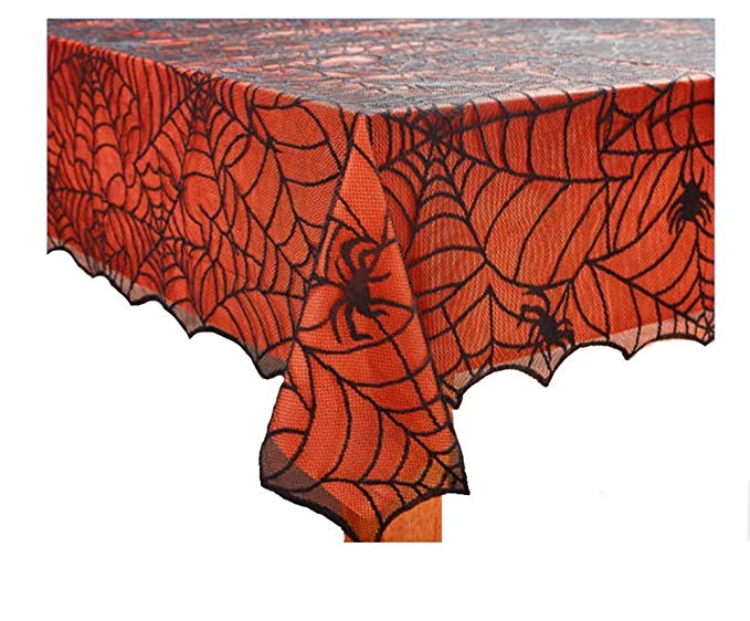 Halloween Spooky Spider Web Black Lace Tablecloth with Orange Liner (52 x 70 Rectangle/Oblong)