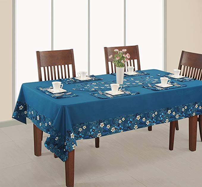 ShalinIndia Tablecloth 60 x 84 Inches for 4-6 Seater 5 Feet Rectangular Center Dining Table in Indian Cotton Cloth Blue