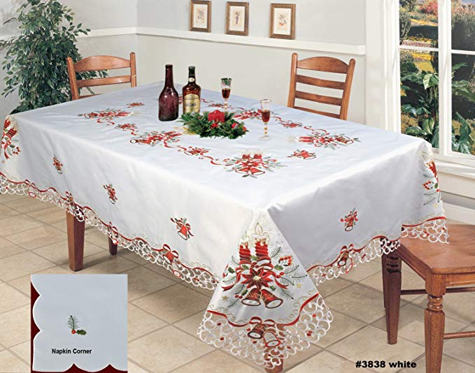 Creative Linens Holiday Christmas Embroidered Poinsettia Candle Bell Tablecloth 70x120 & 12 Napkins White