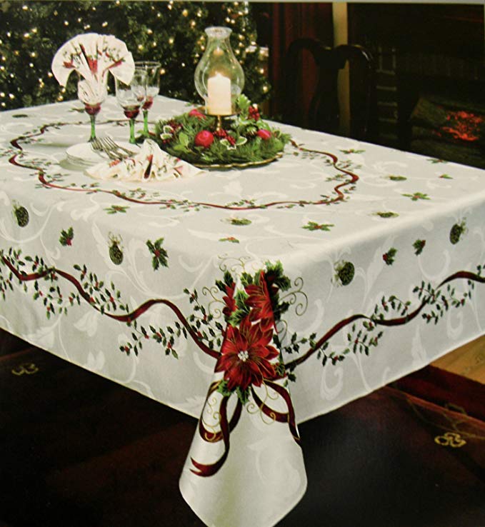 Waterford Ivory Golden Scrolls Poinsettia Tablecloth 70