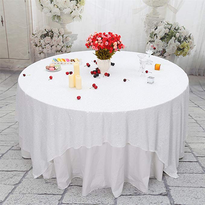 PartyDelight 120x120 inch Square Sequin Table Cloth for Wedding White