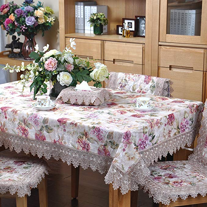 homand'o Rose Lace Tablecloth with Floral Jacquard Printed Fabric for Elegant Beige Kitchen Decor Tablecover Oblong 58x86 Inches(150x220cm)