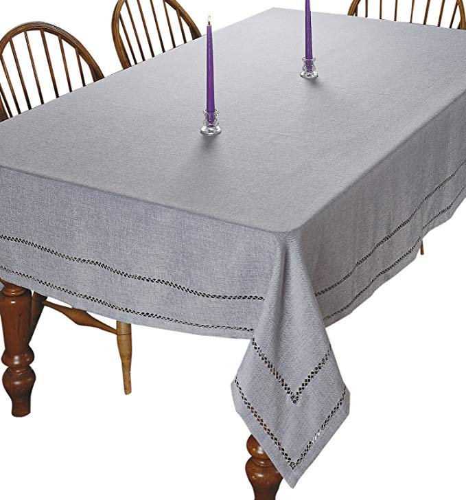 Violet Linen Hem Stitch Embroidered Vintage Design Oblong/Rectangle Tablecloth, 68