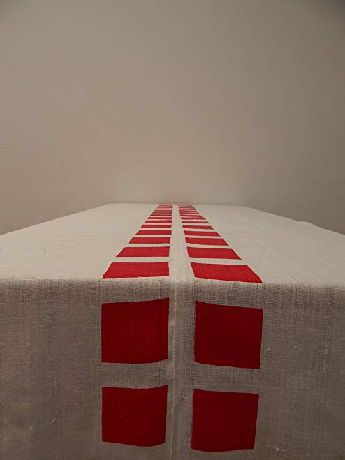 Gitika Goyal Home Cotton Khadi Red Screen Printed Tablecloth with Square Design, White, 72'' x 108