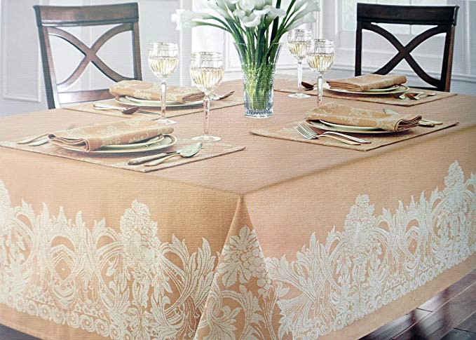 Waterford Linens Fabric Beige Tablecloth with Jacquard Tan Floral Pattern Around Edge -- Chaparrel, Wheat -- 70 Inches by 126 Inches