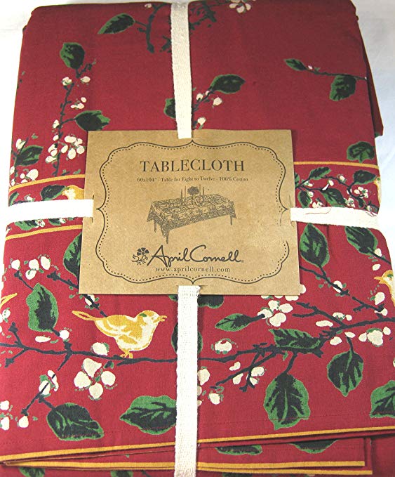 April Cornell Christmas Holiday Tablecloth Red Floral With Birds 100% Cotton 60 x 120