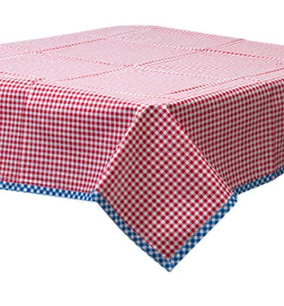 Freckled Sage Oilcloth Tablecloth Gingham Red with Blue Gingham Trim You Pick the Size