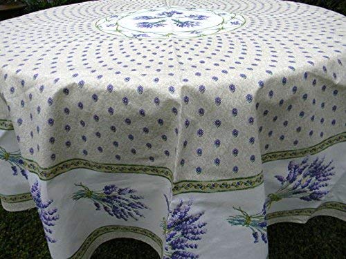 Le Cluny, Lavender Creme (Lavande, Cream) French Provence 100 Percent COATED Cotton Tablecloth, 52 Inches x 72 Inches