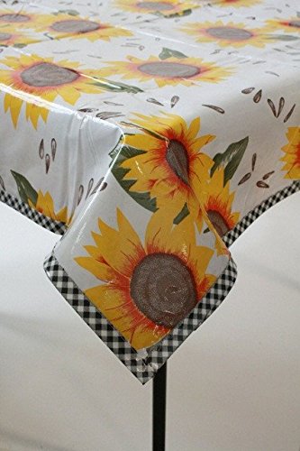 Sunflowers on White with Black Gingham Trim Oilcloth Tablecloth You Pick the Size